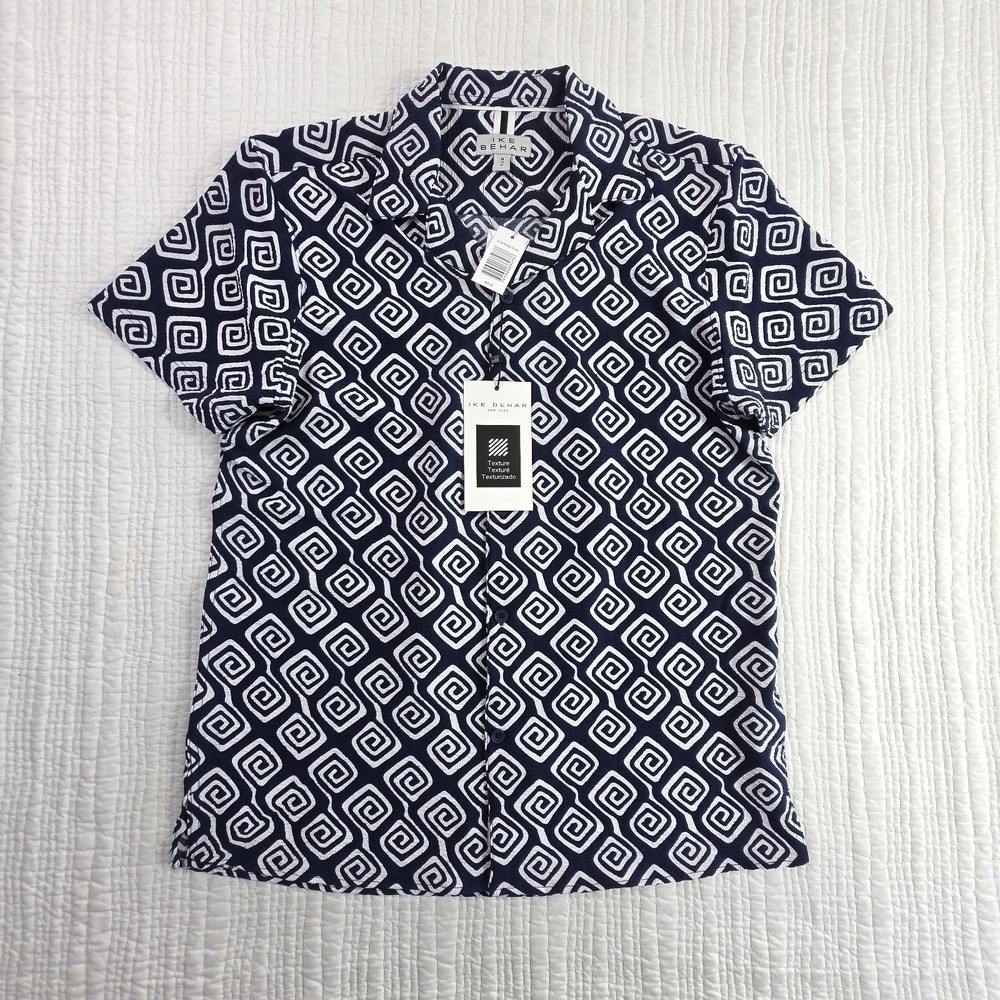 Ike Behar Men M Crinkle Texture Shirt Blue White Meander Cotton Button Up NWT